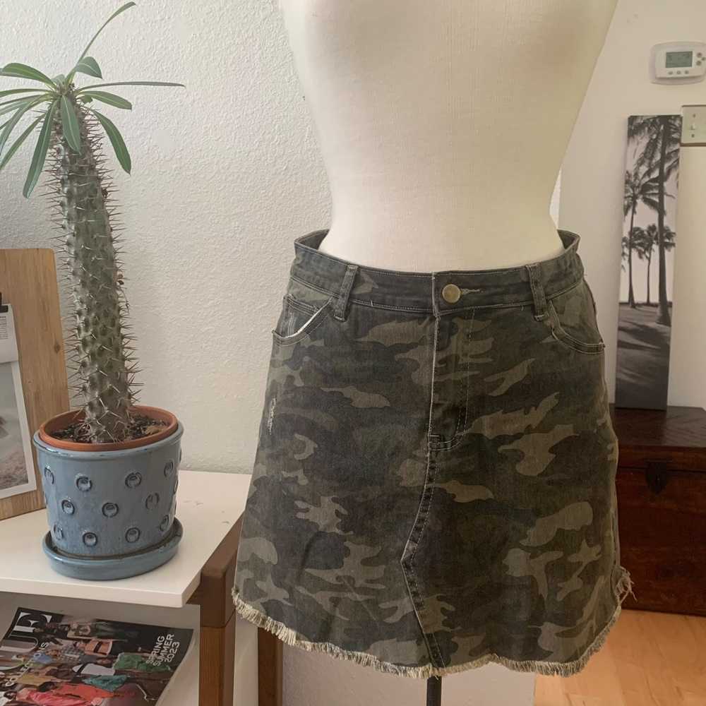 denim by Ellison camo mini skirt; intentionally distressed with frayed hem